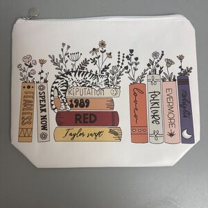 Taylor Swift Eras Cat Book Stack Makeup Bag White Faux Leather Zipper Pouch